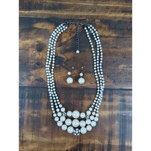 Multi‎ Strand Faux Pearl Necklace & Earrings, Navy Beads, Rhinestones